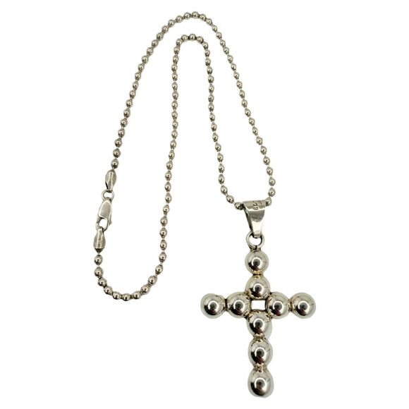 Taxco Mexico Cross Pendant Necklace 16" 925 Sterling Silver Christian Ball - Picture 2 of 13